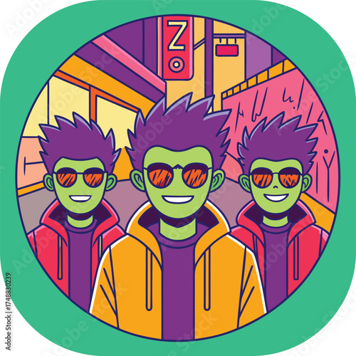 Three Green- Skinned Men with Spiky Hair and Sunglasses in City vector illustration