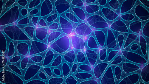Blue Organic Cell Pattern With Neural Texture. Abstract Voronoi Network. Ai Bg With Neuron And Synapse Geometry. Cyber Grid And Mesh. Techno Background With Dynamic Lines And Curve. Biology Structure