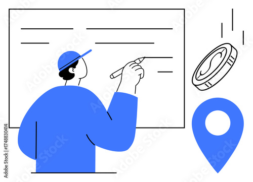 Person writing on a whiteboard, coin falling, and location marker signify planning, budgeting, commerce, decision-making, travel, education and management concepts. Ideal for simple flat metaphor