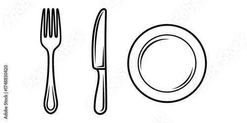 Minimalistic illustration of a fork, knife, and empty plate, symbolizing dining and meal preparation