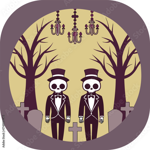 Two Skeleton Grooms With Chandeliers In Graveyard wedding cemetery