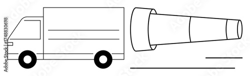 Box truck with oversized megaphone emphasizes sound projection and public messaging. Ideal for advertising, marketing, logistics, transportation, communication, delivery services, branding. Simple