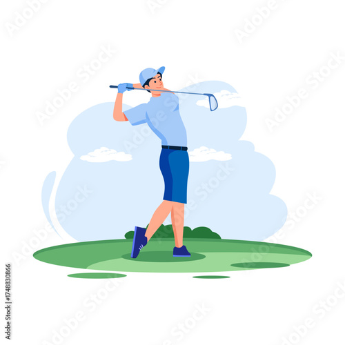 a golf player hitting the ball with his club. Vector illustration.