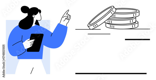 Woman holding tablet and pointing at stacked coins, symbolizing financial growth, investment, or saving. Ideal for finance, business, economy, strategy, savings education simple flat metaphor