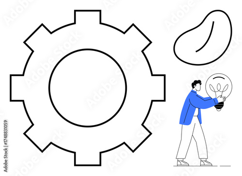 Gear cog for problem-solving, abstract bean shape for creativity, person holding lightbulb for innovation. Ideal for teamwork, strategy, creativity, innovation, process, solution simple flat