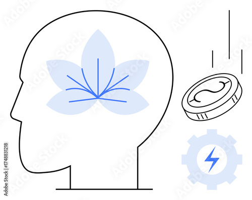Human head outline with blooming flower, falling coin, and gear with lightning. Ideal for mindfulness, mental growth, financial well-being, innovation, mental health energy productivity. Clean flat
