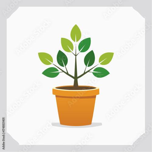 Minimalist illustration of a potted plant with fresh green leaves, isolated on white