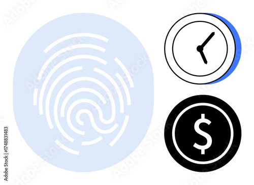Fingerprint in light blue circle, clock, and dollar sign representing security, identity, time, and value. Ideal for concepts thumbs up digital security, finance, biometrics technology innovation