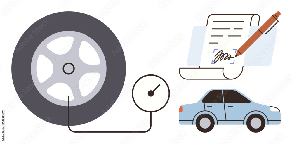 Fototapeta premium Tire connected to pressure gauge, document with pen signing action, and blue car. Ideal for vehicle maintenance, insurance, fuel economy, legal agreements, road safety, auto care service