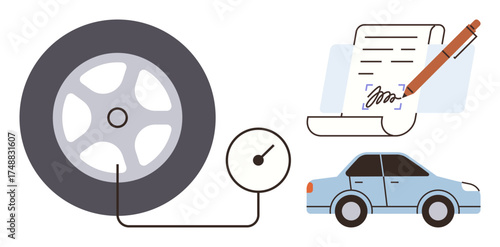 Tire connected to pressure gauge, document with pen signing action, and blue car. Ideal for vehicle maintenance, insurance, fuel economy, legal agreements, road safety, auto care service