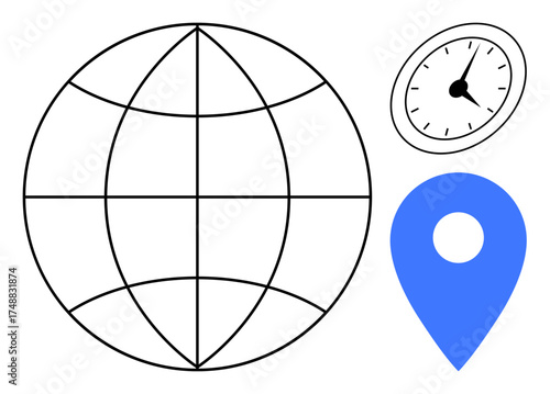 Globe outlines, blue location pin, and analog clock highlighting global navigation, time management, and geolocation. Ideal for travel, logistics, GPS, scheduling globalization planning simple