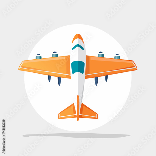 Stylized Cartoon Airplane Illustration with Orange Wings and Propellers on a White Circle