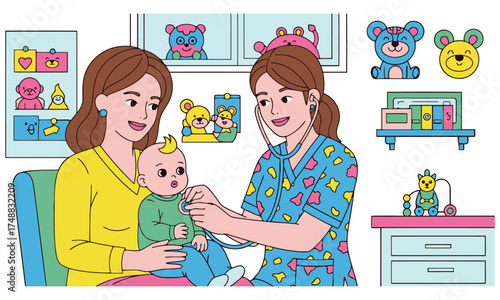 Pediatrician examines baby with mother present in colorful clinic