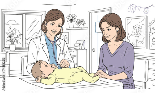 Doctor examining baby with mother present in medical office