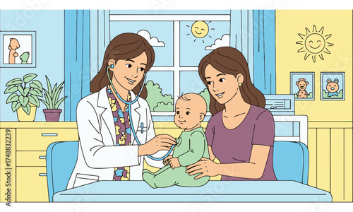 Doctor examines baby with mother present in clinic