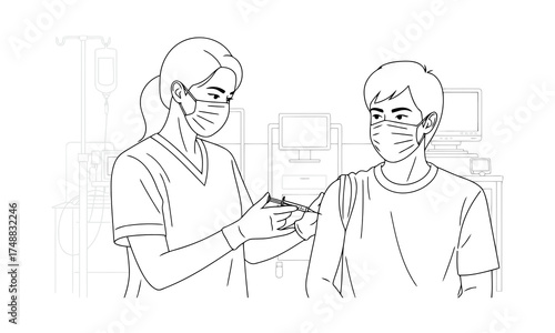 Nurse administering vaccine to patient wearing face masks