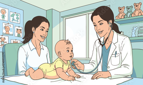 Doctor examines baby with mother present in medical office