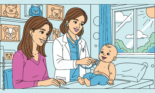 Pediatrician examines baby with mother present in a bright clinic room