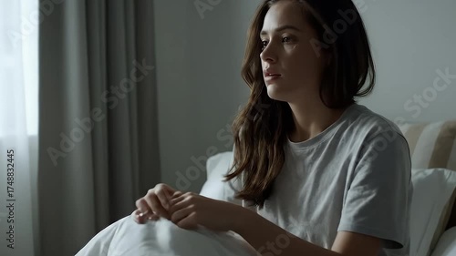 Pensive young woman with tearful eyes sitting on bed, deep in thought and sadness in a dimly lit bedroom