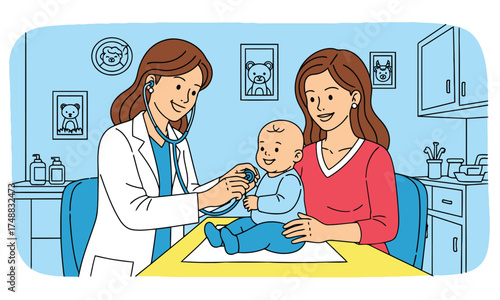 Doctor examines baby with mother present in medical office