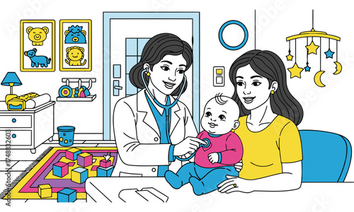 Pediatrician examines baby with mother present in brightly decorated office
