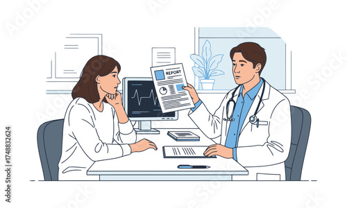 Doctor explains medical results to patient in consultation room