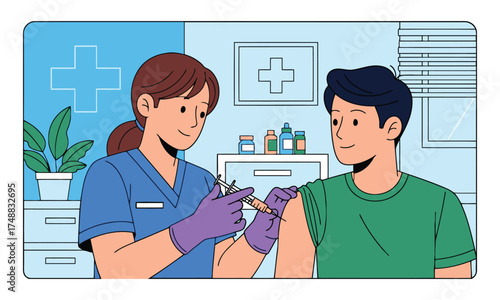 Nurse administering vaccine to patient in medical clinic