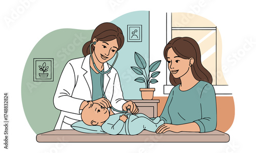 Doctor examines baby with mother present in medical office