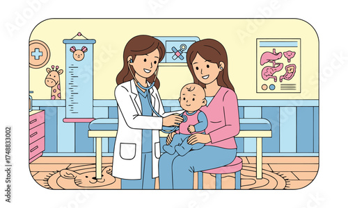 Doctor examines baby with mother present in medical office