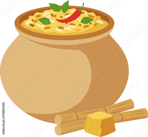 Cartoon Illustration of Traditional Rice Porridge Dish in Clay Pot