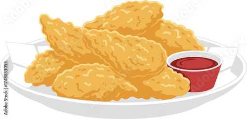 Simple Flat Illustration of Chicken Tender with Dipping Sauce on Plate