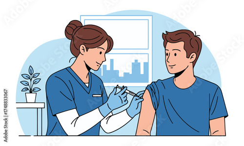 Nurse administering vaccine to young man in medical setting