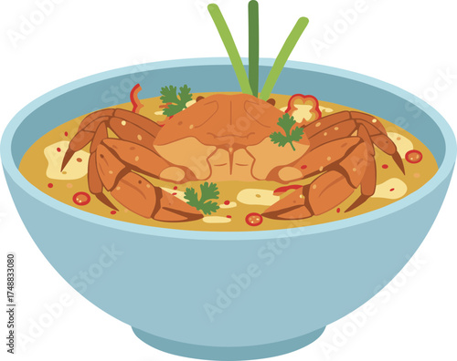 Flat Design Delicious Crab Curry Soup in a Blue Bowl Illustration