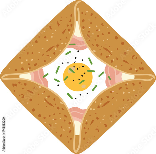 Flat Illustration of Savory Gluten Free Buckwheat Crepe with Egg and Ham