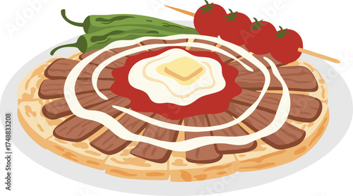 Flat Lay Detailed Lahmacun Turkish Pizza Food Dish Illustration