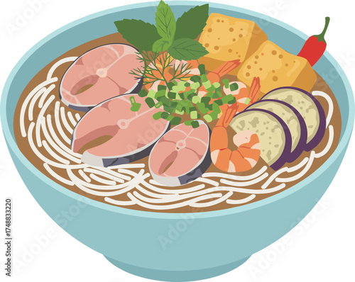 Flat Lay Delicious Asian Cuisine Noodle Soup Bowl Illustration