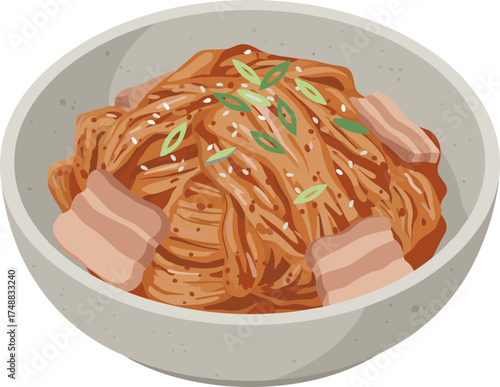 Flat Lay Delicious Kimchi with Pork Belly in Bowl Illustration