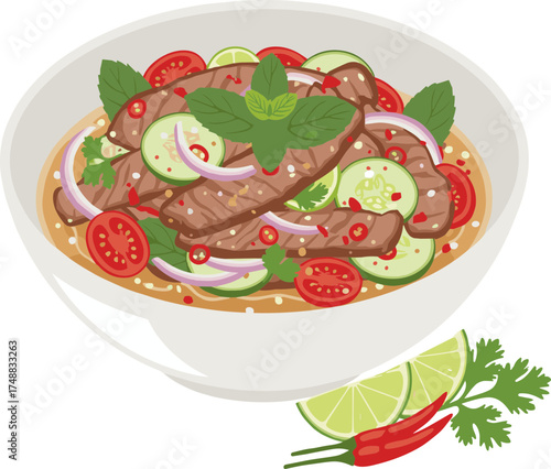 Colorful Flat Illustration of Thai Beef Salad with Vegetables