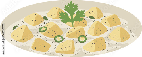 Simple Flat Illustration of Chilaquiles with Green Salsa and Cilantro Garnish