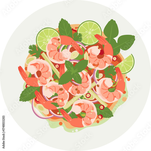 Flat Lay Delicious Shrimp Salad with Herbs and Lime Food Illustration