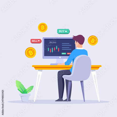 Cryptocurrency trading and growing concept flat illustration vector template, Bitcoin rising, Stock exchange scene with computer, Crypto investment strategy