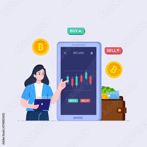 Cryptocurrency trading and growing concept flat illustration vector template, Bitcoin rising, Stock exchange scene with computer, Crypto investment strategy