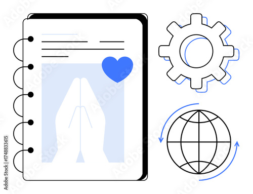 Notebook featuring prayer hands with a heart, gear icon, and rotating globe. Ideal for spirituality, global outreach, innovation, teamwork, kindness connection and progress. Simple flat metaphor