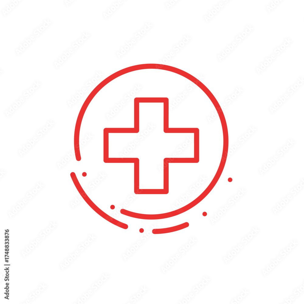 Fototapeta premium Red medical cross in a circle with dotted line, health symbol.