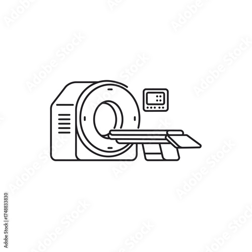 Line art illustration of a CT scanner with a patient table.