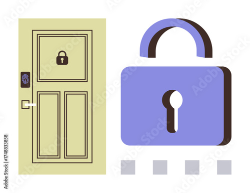 Door with lock icon, digital keypad symbol, and large padlock representing security, protection, and access control. Ideal for privacy, technology, digital security, home safety secure systems