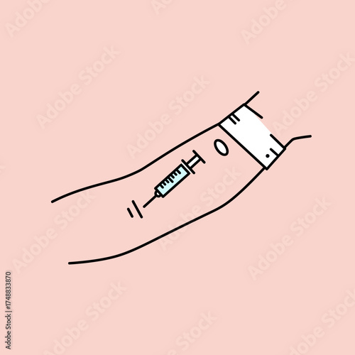 Illustration of arm with tourniquet and syringe injecting drug.