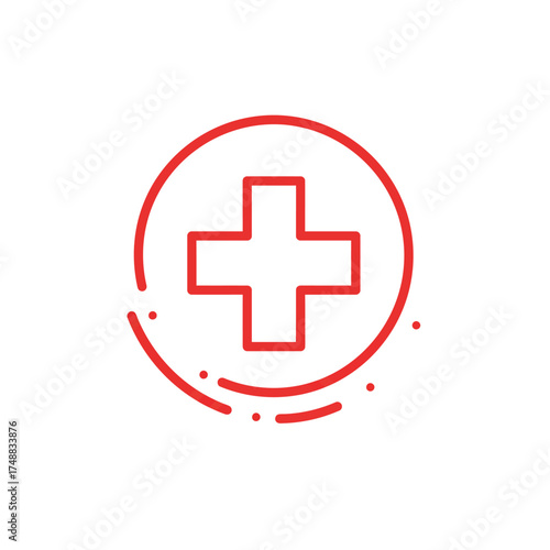 Red medical cross in a circle with dotted line, health symbol.
