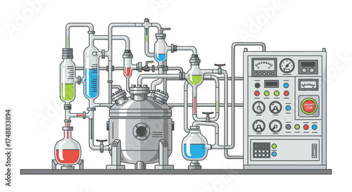 Line art vector illustration of a complex chemical reactor with pipes, flasks, and a control panel for scientific research and experimentation