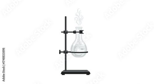 Scientific laboratory equipment with a round-bottom flask on a retort stand, showing a boiling liquid emitting steam, a concept for chemistry research